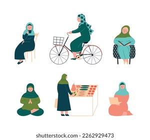 Muslim woman in in everyday life set. Arabic women character in traditional clothes and hijab drinking tea, riding bike, praying, shopping for groceries cartoon vector illustration