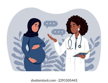 Muslim woman expecting a baby visits the doctors office, examination during pregnancy. A pregnant woman is talking to an obstetrician gynecologist.