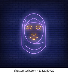 Muslim woman face neon sign. Avatar design. Night bright neon sign, colorful billboard, light banner. Vector illustration in neon style.