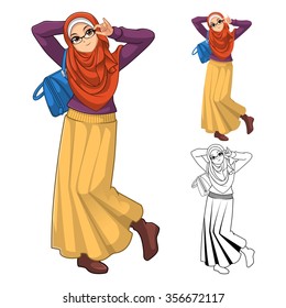 Muslim Woman Fashion Wearing Orange Veil or Scarf with Blue Bag and Skirt Outfit Include Flat Design and Outlined Version Cartoon Character Vector Illustration