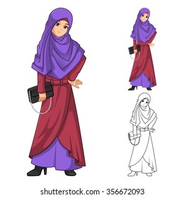 Muslim Woman Fashion Wearing Purple Veil or Scarf with Holding a Black Handbag Include Flat Design and Outlined Version Cartoon Character Vector Illustration