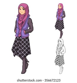 Muslim Woman Fashion Wearing Purple Veil or Scarf with Jacket and Line Skirt Outfit Include Flat Design and Outlined Version Cartoon Character Vector Illustration
