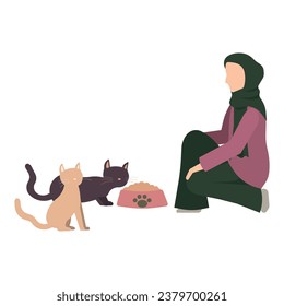 Muslim woman feeds stray cats isolated illustration