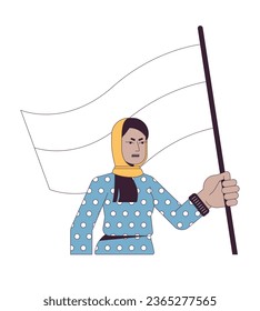 Muslim woman with flag flat line color vector character. Protect rights for woman. Protest. Editable outline full body person on white. Simple cartoon spot illustration for web graphic design
