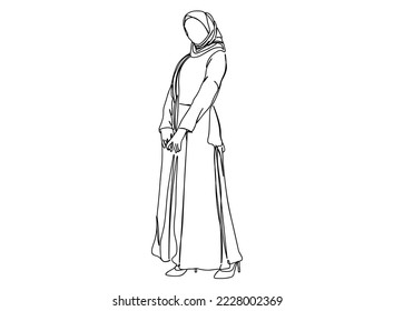 Muslim Woman, Girl, Dress Single line art drawing, black and white minimal Vector illustration. for Logo, Wall décor
