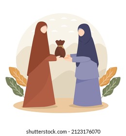 Muslim woman give zakat to poor woman