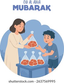 Muslim woman gives Qurbani meat to a needy child. Eid al-Adha message of kindness and unity. Flat cartoon vector style.
