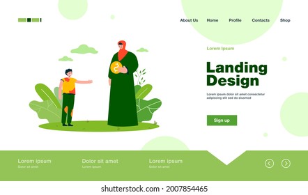 Muslim woman giving alms to messy boy. Female character in traditional Arabic clothes helping child flat vector illustration. Ramadan, celebration, charity concept for banner, website design