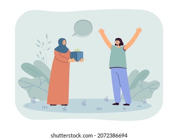 Muslim woman giving birthday or Ramadan gift to female friend. Arabic girl in traditional clothes with gift box flat vector illustration. Celebration, friendship concept for banner or landing web page