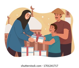 Muslim woman giving food to poor people. Ramadan kareem flat cartoon character illustration