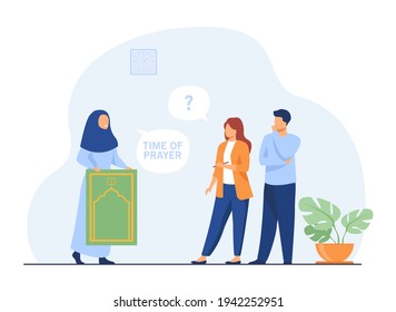 Mujer musulmana va a rezar y explicarlo a la gente. Mat, oración, hijab ilustración vectorial plana. Concepto de religión y fe para banner, diseño de sitios web o página web de aterrizaje