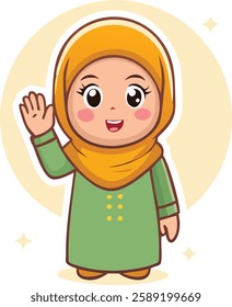 A Muslim woman in green waves happily, symbolizing warmth, kindness, and the joy of Ramadan.