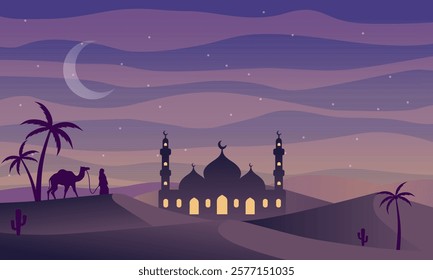 muslim woman and her camel in desert night with mosque and crescent moon background, arabia desert landscape night view, purple silhouette vector illustration, Islam or Ramadan concept