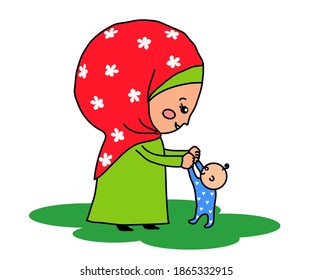 Muslim woman and her little child. Cartoon. Vector illustration.