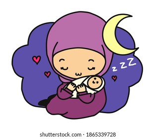 Muslim woman and her little child are sleeping. Cartoon. Vector illustration.