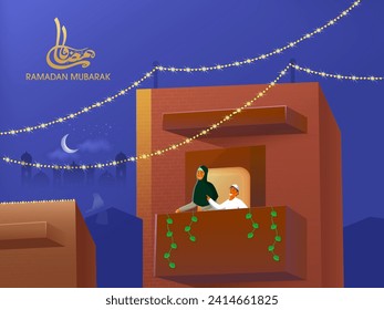 Muslim Woman with Her Son Character Watching Moon at Their Balcony on the Occasion of Ramadan Mubarak. Can Be Used as Greeting Card.