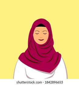 Muslim woman in a hijab. Arabian women. Women's day greeting card with young Muslim female wearing colorful hijab. Vector illustration in flat style