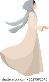 Muslim woman in hijab. A beautiful girl stands sideways in a beautiful dress. Modern Muslim women in traditional hijabs. Vector people. Color vector illustration 