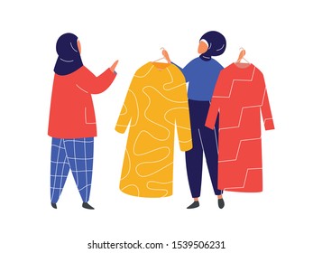 Muslim woman in hijab buying in clothes store. Customer and consultant characters shopping at apparel retail shop. Sale market. Flat design illustration. - Vector