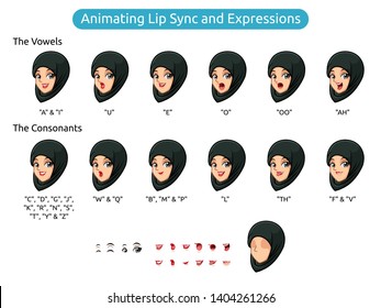 Muslim Woman With Hijab Cartoon Character Design For Animating Lip Sync And Expressions, Vector Illustration.