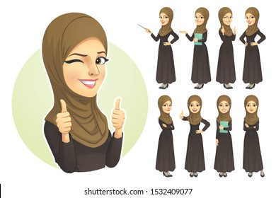 Muslim Woman with Hijab Character Set, Vector EPS 10