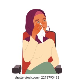 Muslim Woman in Hijab Crying Sitting in Cinema Watching Movie Vector Illustration