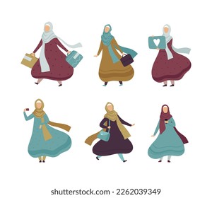 Muslim Woman in Hijab Engaged in Different Activity Vector Set