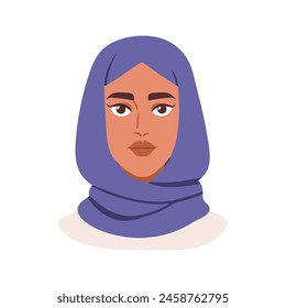 Muslim woman in hijab, face portrait, avatar. Beautiful Arab female character wearing headscarf, traditional Islamic head scarf, headwear. Flat vector illustration isolated on white background