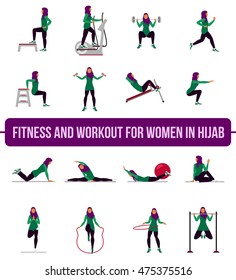 Muslim woman in hijab in fitness, aerobic and workout exercise in gym. Vector set of gym icons in flat style isolated on white background. People in gym. Gym equipment, weights, treadmill, ball.