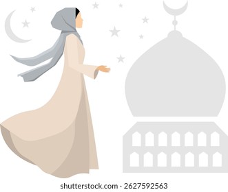 Mulher muçulmana usando hijab. Uma menina reza perto de uma mesquita.  Mulheres muçulmanas modernas em hijabs tradicionais. Pessoas vetoras. Ilustração do vetor de cores 
