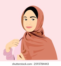 Muslim woman in hijab holding a bottle of water. A Muslim woman wearing a maroon hijab and wearing pink clothes. Illustration of a graceful Muslim woman