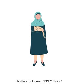 Muslim Woman in Hijab Holding Cat on Her Hands, Modern Arab Girl Character in Traditional Clothing Vector Illustration