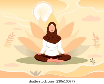 Muslim woman in hijab, meditates, yoga, lotus flower. Spiritual practice for body and mind, relaxation and rest. Yoga vector illustration. Self-improvement for well-being and health.