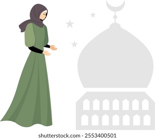 Muslim woman in hijab. A modest girl against the backdrop of a mosque. Muslim women in traditional hijabs. Vector people. 