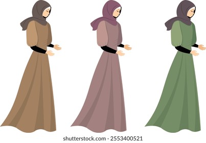 Muslim woman in hijab. Modest Muslim girl in traditional Muslim clothing of different colors. Muslim women in traditional hijabs. Vector people.