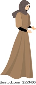 Muslim woman in hijab. A modest Muslim girl stands in a traditional Muslim dress. Muslim women in traditional hijabs. Vector people. 