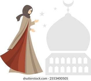 Muslim woman in hijab. A modest woman near the mosque. Muslim women in traditional hijabs. Vector people. 