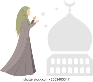 Muslim woman in hijab. A modest woman near the mosque. Muslim women in traditional hijabs. Vector people. 