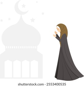 Muslim woman in hijab. Modest woman praying near the mosque. Muslim women in traditional hijabs. Vector people. 