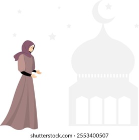 Muslim woman in hijab. Modest woman stands next to the mosque. Muslim women in traditional hijabs. Vector people. 