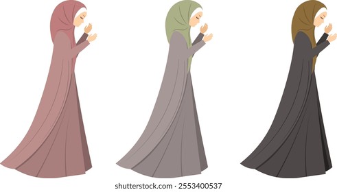 Muslim woman in hijab. Modest Muslim woman in traditional Muslim clothing in different colors. Muslim women in traditional hijabs. Vector people. 