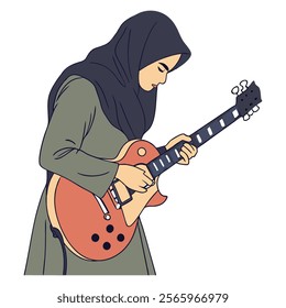 A Muslim woman in hijab plays an electric guitar. Vector cartoon illustration in flat art style