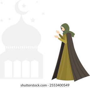 Muslim woman in hijab. Woman praying near the mosque. Muslim women in traditional hijabs. Vector people.