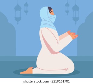 muslim woman in a hijab praying, vector style