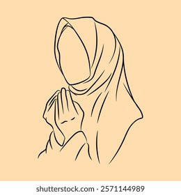 Muslim woman in hijab praying while raising her hands. Thin line illustration.