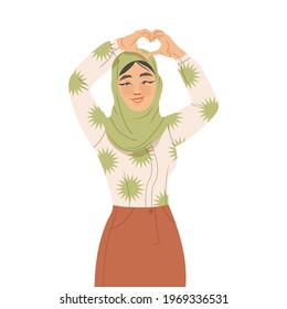 Muslim Woman in Hijab Showing Hand Heart Gesture Feeling Happiness and Excitement Vector Illustration