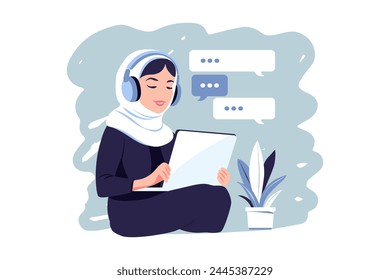 Muslim woman in hijab woman sitting with laptop. Concept remote working, studying, education, work from home. Flat. Vector illustration