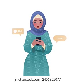 Muslim woman in hijab standing and using her smartphone. Character holding a mobile phone in her hands, surfing internet and chatting. isolated vector illustration on white background.