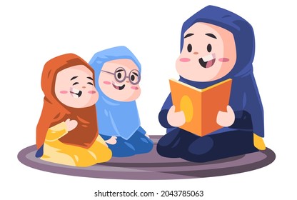 muslim woman with hijab teaching holy book alquran Quran  with children modern cartoon flat color style isolated vector design illustration