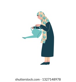 Muslim Woman in Hijab with Watering Can, Modern Arab Girl Character in Traditional Clothing Vector Illustration
